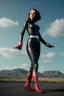 Placeholder: retro portrait image from 1960, sky background, wind, long red hair, fighting stance, sweet young Scarlett Johansson, black dress, classic long tight lycra black suit, gold bracelet and belt, high heel boots, superhero style, soft color, highly detailed, unreal engine 5, ray tracing, RTX, lumen lighting, ultra detail, volumetric lighting, 3d, finely drawn, high definition, high resolution.