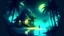 Placeholder: Idyllic lush green lagoon bioluminescent with palm trees and tree house with a glow from the inside a couple in love and dancing on the lagoon’s beach