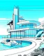 Placeholder: Architectural illustration of a captivating masterpiece of modern minimalist architecture, neo-futurist style. The scene shows a luxury house or resort on a cliff by the sea. Trees three people. Clear summer weather. Complementary colors.