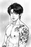Placeholder: tattoed korean man, Asain man, nice pfofile, attraktive handsome, medium long black hair, hot body, body with tattoo, strong lines, blur background, highly detailed drawing, modern vibe, artwork, grayscale, no photorealism