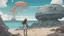 Placeholder: A long-haired woman in a robotic-looking catsuit standing on a beach of a rocky landscape with flying mushrooms with jellyfish tentacles and a crashed spaceship in the distance, with a forest beyond