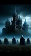 Placeholder: A group of scary large hooded evils figures with glowing white eyes looking at you . A big castle in the background in a blue and gray ,cloud of stormy weather , ultra hi quality picture with cinematic science, tragedy, A big field of grass near front view