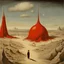 Placeholder: Odd open space, metaphysical, giant red object, very detailed, person, Yves Tanguy