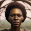 Placeholder: african head portrait, women warrior costume, village, meditation, woods, galaxy sky, 8k quality