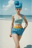 Placeholder: [photo by Norman Parkinson] blue hair Bulma from dragon ball, in her crop top and high-waisted balloon shorts for Vogue UK, 1950 special summer beach issue on capsule corp