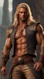 Placeholder: handsome warrior king, muscular, long blonde hair, male age 30, wearing jeans and shirt, tan skin, tattoos,photorealistic 4k modern fantasy