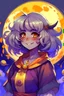 Placeholder: Style: anime manga, A Girl with Brown skin tone, Red eye with a yellow base, Full curly white hair, moon-shaped cheek marks, and a childish smile, Her face is half in profile, Her outfit is: A lunar witch with purple color.