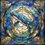 Placeholder: Art Deco style stained glass window of an iridescent Great wite shark , modern stained glass design, dramatic elaborate design, hyperdetailed, 8k resolution, bright colors, blue hues, 3d liquid detailing, intricate and fluid design,