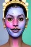Placeholder: Ultra Realistic image, Rosalía artist, smile portrait, waist up portrait, long black eye line, sweet face, gold pink and blue geisha style, spray glow make up, led lights, neon, gold piercing nose, gold teeth, led ornament, glow pink iris, fog, oversized bubble latex coat, vibrant color, highly detailed, art stations, concept art, smooth, unreal engine 5, god rays, ray tracing, RTX, lumen lighting, ultra detail, volumetric lighting, 3d, finely drawn, high definition, high resolution.