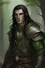 Placeholder: male wood elf ranger with long black hair, green eyes, wearing scale mail