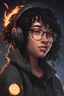 Placeholder: A 27-year-old young gentle woman,realistic, with curly black hair, a thick chin, and wearing glasses, black clothes, hoodi, cry,cyberpunk, smart face, Confident smile, with fire powers