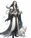 Placeholder: a young High Elf frost Wizard with long wiry hair, wearing a black trimmed white nobleman's robe and frost ornaments on clothes, with a small weasel on his shoulder