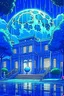 Placeholder: A beautiful empty school, its color is a mixture of blue and white, heavy rain, green trees, beautiful and wonderful roses, in addition to the appearance of the moon and snowfall, accurate and strong details style anime