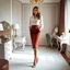 Placeholder: very beautiful lady with beautiful midi skirt and blouse standing in a luxury bedroom with high heels next to makeup desk looking to camera