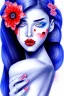 Placeholder: blue Pencil sketch of a woman with red lips and flower in hair on watercolor paper