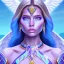 Placeholder: portrait of a beautiful aztecan woman with an angel face smiling,long blond hair, blue eyes, pink and blue dress, jewels, soft light aura