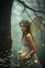 Placeholder: Extremely realistic photo of fairy in front of a tree with white tiny flowers and fireflies , fog, general foul weather, (Rembrandt Lighting), zeiss lens, ultra realistic, (high detailed skin:1.2), 8k uhd, dslr, Dramatic Rim light, high quality, Fujifilm XT3, artwork in pale distressed tones , minimalistic approach, blends old world aesthetics art with elements of distressed painting and illustration, shadow play, high conceptuality, palette inspired by Charlene Mc Nally, Carne Grif