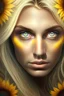 Placeholder: a rielistic face of a captivating woman hypnotist with sunflower-blond hair and large, almond-shaped amber eyes.