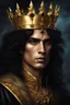 Placeholder: Gothic Gold framed painted portrait of a King wearing a gold crown. His hair is long and dark and he has dark eyes, dak fantasy