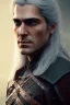 Placeholder: Henry cavil face, long white hair, wearing The witcher 3, realistic, 4k, intricate, best quality, fog particles, fire particles, octane render, vray, sword fire