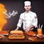 Placeholder:  portrait of handsome man with head band and golden watch, behind him another chef in front blurred dark wooden wall, one huge smoking hot dog, shiny fork and knifes on dinner table with cloth, fantasy art book cover