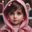 Placeholder: Painting of a little girl with big hazel eyes and short brown hair with a pink jacket and heart earrings, Iranian little girl, 2 years old, adorable eyes, cute face, light colors, adorable little girl, oil painting, innocent little girl, beautiful oil painting, painting style, Iranian art, blurry background