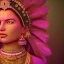Placeholder: A portrait of a indian queen, atmospheric, realistic, unreal engine, cinematic lighting, octane render, transoarent, pink turquoise light