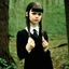 Placeholder: Young brigitte bardot as Wednesday addams, braids, bangs, in tge woods