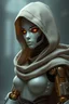 Placeholder: female warforged, porcelain, gold joints, wearing a hooded cloak, with glowing eyes