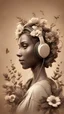 Placeholder: 3D illustration of American roots woman with headphones on and a sepia сcolor background with flowers, illustration, smooth 3d digital art, exquisite thee-dimensional rendering, 4K, blender, c4d, octane render , disney style 3d light, Zbrush sculpt, concept art, Zbrush high detail, pinterest Creature Zbrush HD sculpt, neutral lighting, 8k detail