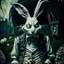 Placeholder: portrait of strange, creepy alien looking white rabbit with evil frown on face from Alice in Wonderland wearing a waistcoat, in garden, Tim Burton, Dr Suess, Terry Gilliam, Salvador Dali, dark moody,dystopia, sinister, evil, bizarre, nightmare