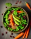 Placeholder: a bowl of salad that contains kale, carrot, avocado, dried cranberries, sesame seeds. Realistic photo. HD. Glowing. 3d style