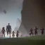 Placeholder: A foot falling down from the sky onto an army of children, in the style of Monty Python