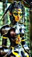 Placeholder: A woman has tanned skin, yellow eyes and black dreads. Her face show her superiority in the eyes of others. She is dressed in a steel armor with a few pieces of yellow and green fabric sticking out.