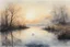 Placeholder: Sunrise on a misty morning. over a misty pond in the hieght of fall.Watercolour by Alison Brady. Pastel colours Arthur Rackham Gothic Watercolour Jean-Baptiste Monge Ernst Haeckel Minimalist Kay Sage watercolour art