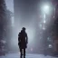 Placeholder: behind photo A young boy walking streets in tokyo, night, snow, post apocalyptic, destruct