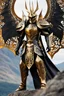 Placeholder: Full body photography,front_view,Dark Lord Sauron looking at viewer,traditional dress ornaments mechanical_armor,intricate armor, delicate golden filigree, intricate filigree, black metalic parts, detailed part,fire eruption mountain background, dynamic lighting