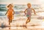 Placeholder: two cute children running along the shoreline, with the ocean waves in the background. They are laughing and jumping in the sandy area near the water. happy mood, vibrant colors, high detailed, cinematic