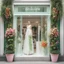 Placeholder: A fashion store in delicate white with green decorations, a large window pane with dresses in all bright colors. In front of the store on each side there is a large plant with bright, colorful flowers!No People