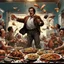 Placeholder: Chaotic Thanksgiving Family food fight, everyone looks like John Belushi, food being thrown everywhere, disgusting and messy, concept art, by Brian Bolland and Norman Rockwell and Jeremy Mann, hyperreal, sharp focus, expansive, rich deep colors, dynamic lighting, 8K res, concept art.