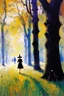 Placeholder: Trees, forest, grass, distant people, witch influence, gothic horror films influence, berthe morisot, and camille pissaro impressionism paintings