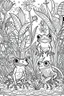 Placeholder: Stress Relief coloring page for kids, A cute, soothing rainforest featuring exotic frogs and vibrant foliage, cartoon style, thick outline, low details, no shading, no color