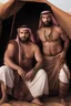 Placeholder: full figure photography of two serious ugly brawn 35-year-old burly beefy bullneck arabs tourist guides wearing bulging traditional clothes, shirtless, big shoulders, hairy chest, manly chest, with very bushy eyebrows, photorealistic, sunlight, ambient occlusion, strong side light , inside a camping tent in the desert