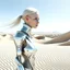 Placeholder: a futuristic girl from Dune's film made of metal in the style of Hajime Sorayama, inside a light white digital desert landscape.