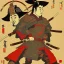 Placeholder: human Samurai Japanese Ukiyo-e, sun in the background, walking in the mountains