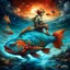 Placeholder: dreamlike, Esao Andrews-esque scene where a barefoot boy in tattered overalls rides atop a colossal, iridescent koi fish through a surreal twilight lagoon, his arms wrapped around the fish's sleek, glistening body as if it were a trusty steed. The fish's scales shimmer with impossible huespearlescent blues melting into burnt orangeswhile its fins fan out like delicate silk banners torn from some celestial tapestry. Around them, the water refracts into liquid prisms, distorting reflections of gna