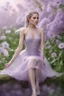 Placeholder: dew drop background, woman sitting on the edge of a lilac daisy, silver, transparent dress, shoes, crystal, soft peach, soft pink tones, fresh green stem, super detail, clarity, ballerina style, braids, ribbons in hair, fabulousness, mirage , ultra-transparency and purity, ephemerality, celine