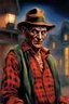 Placeholder: in the dead of night the bright moon shines down on a giant, extremely colorful Freddy Krueger facial portrait, standing outside the home of his next victim, a vibrant, extremely colorful, multicolored, watercolor stained wall in the background, in the art style of Boris Vallejo, Frank Frazetta, Julie bell, Caravaggio, Rembrandt, Michelangelo, Picasso, Gilbert Stuart, Neal Adams, Jim Lee, Sanjulian, Thomas Kinkade, Jim Lee, Alex Ross, Dorian Vallejo, Stan Lee, Norman Rockwell