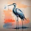 Placeholder: graffiti sketch of a long-legged heron on cardboard, minimalism, pastel duotone colors, loose brush stroke watercolor, sunset, reflective, wet sponge, diffusion paint wash, dramatic,