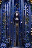 Placeholder: beautiful goth woman in the portal of a flower garden :: 8K, 3D, glass art, hyperdetailed, intricate, beautiful, blue and gold theme, iridescent metal shapes, award winning, crisp quality